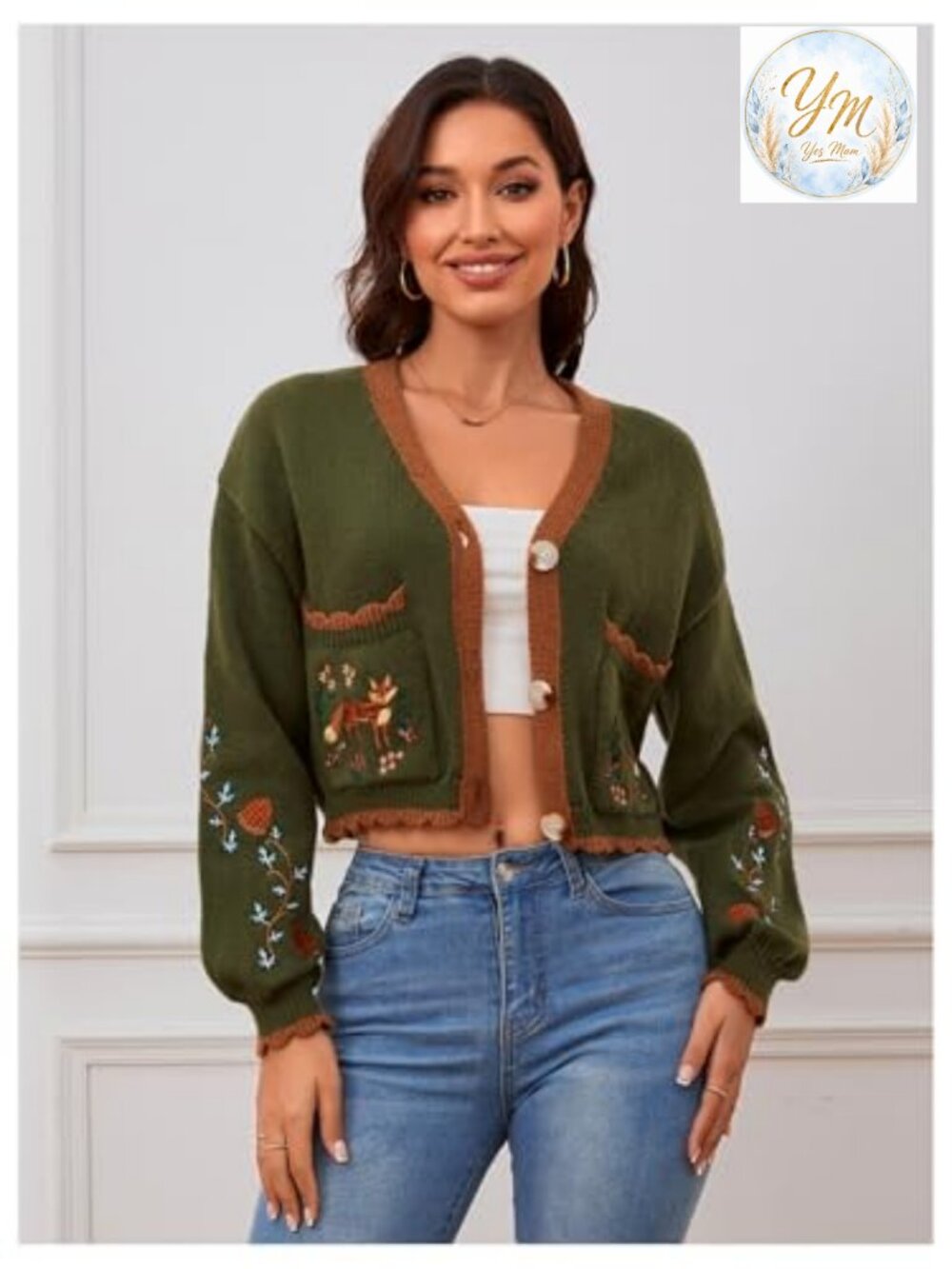 Women's Floral Embroidered Cropped Cardigan Boho Open Front Sweater - Picture 5 of 7